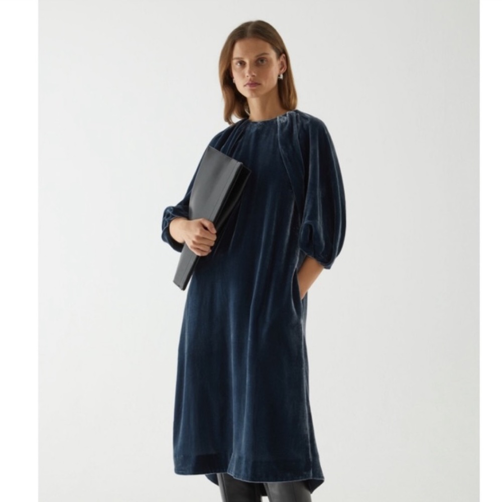COS Navy Blue Velvet Midi Dress with Puff Sleeves